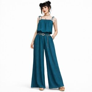 Vintage 1970s Teal Cotton Wide Leg Palazzo Jumpsuit Small